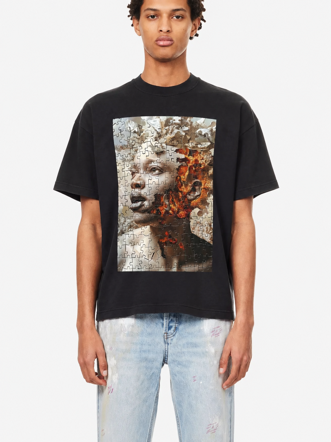 The Pigment Tee · black · front · dual face jigsaw print