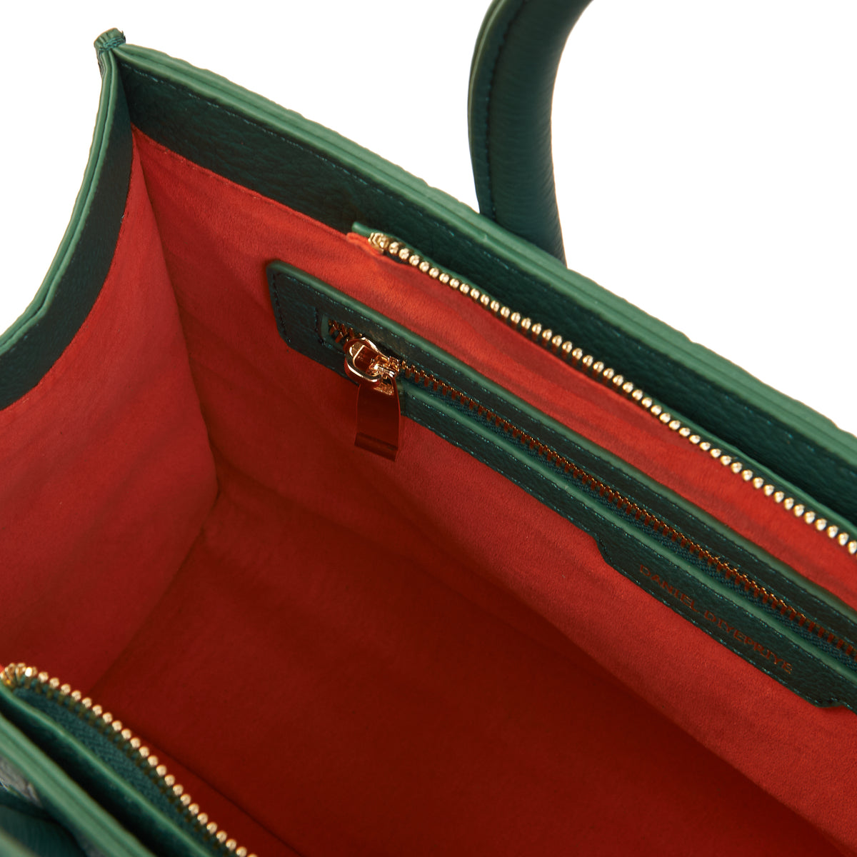 The Ibukun Tote — Green Togo Medium — interior red lining and DD-branded zip