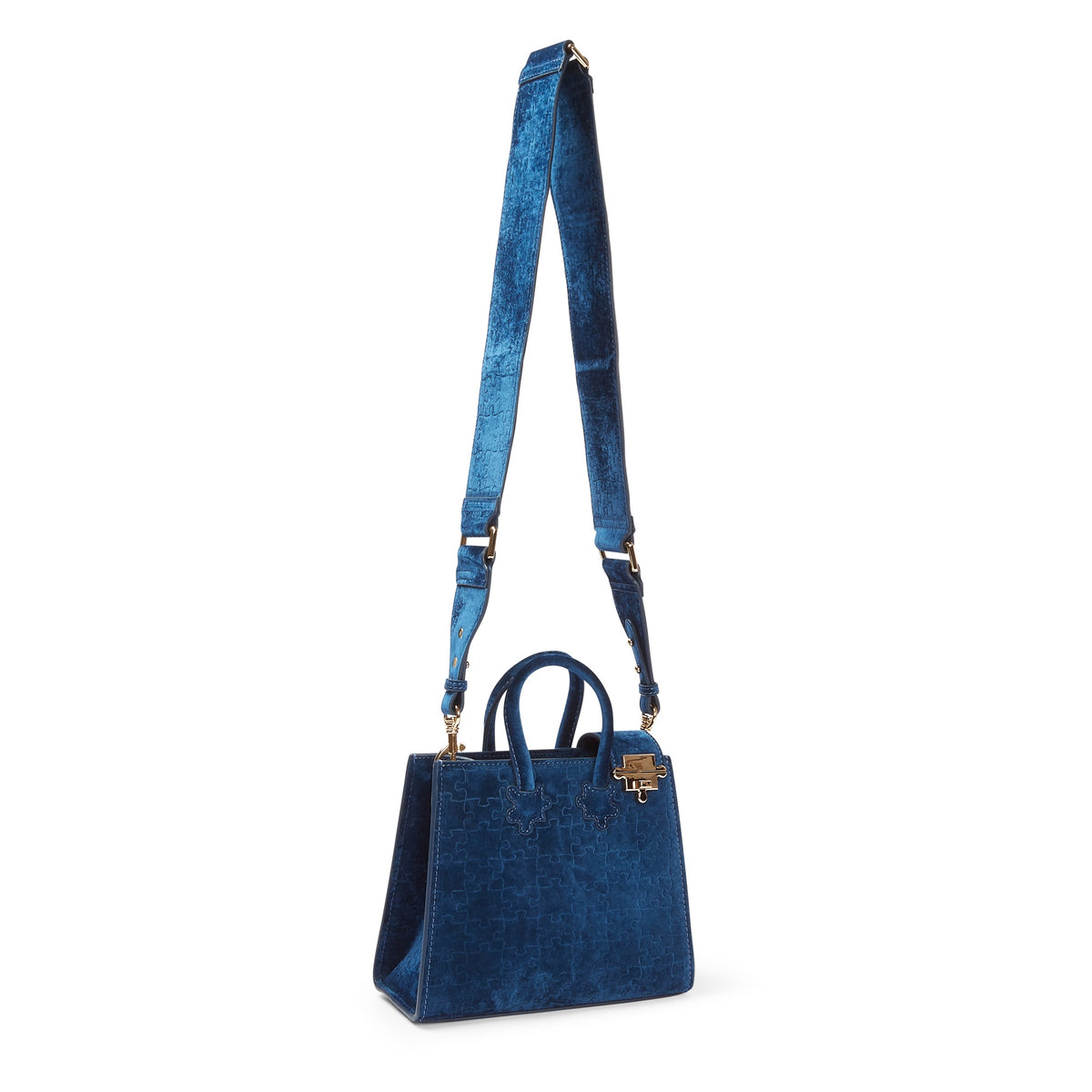 The Ibukun Tiny Tote - Blue Velvet with monogram strap