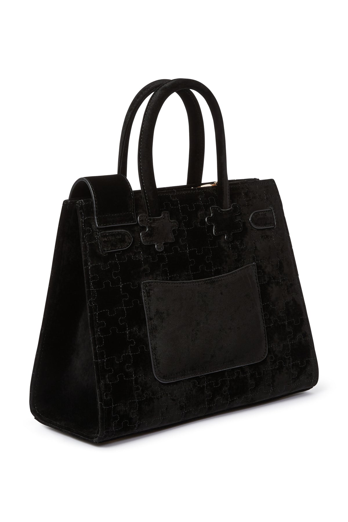 The Ibukun Tote — Black Velvet — 3/4 back with patch pocket