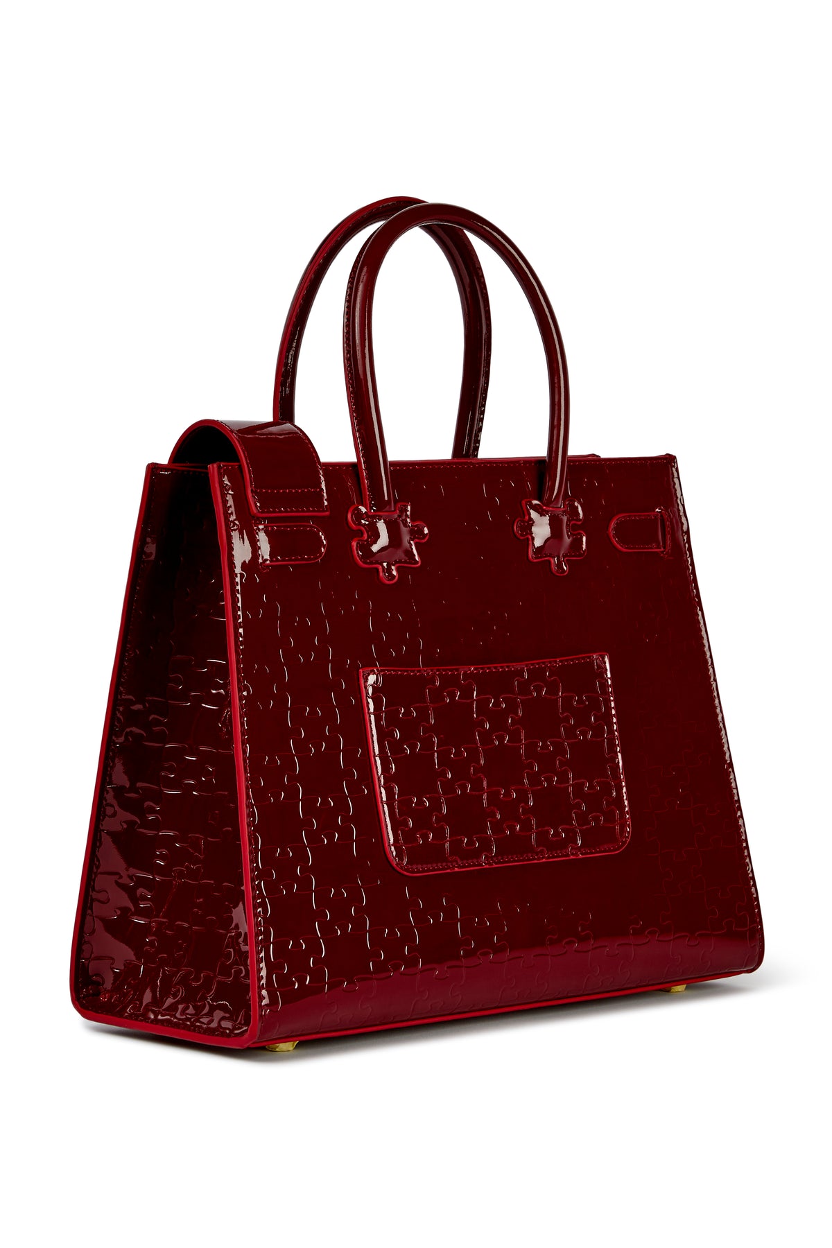 The Ibukun Tote — Burgundy Patent — 3/4 back with patch pocket