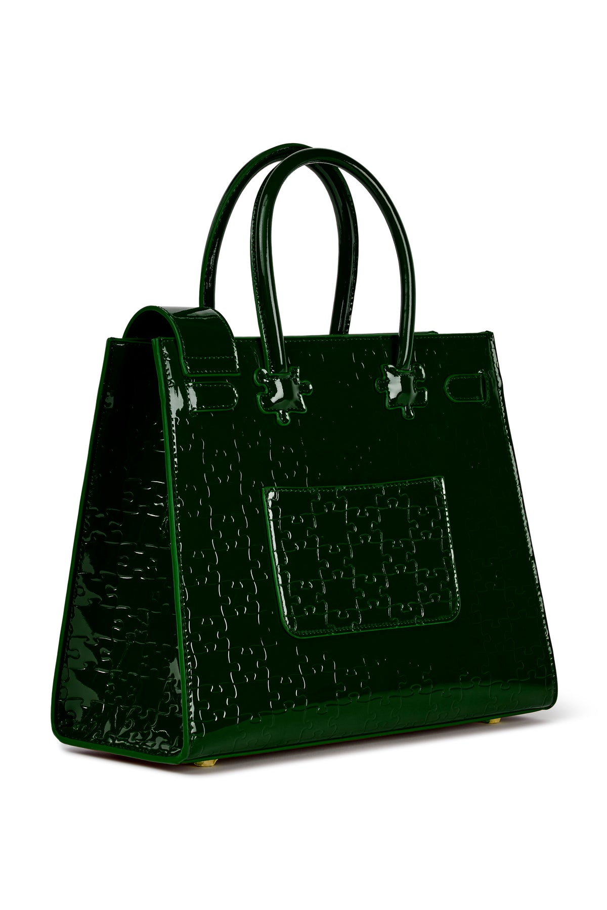 The Ibukun Tote — Forest Green Patent — 3/4 back with patch pocket
