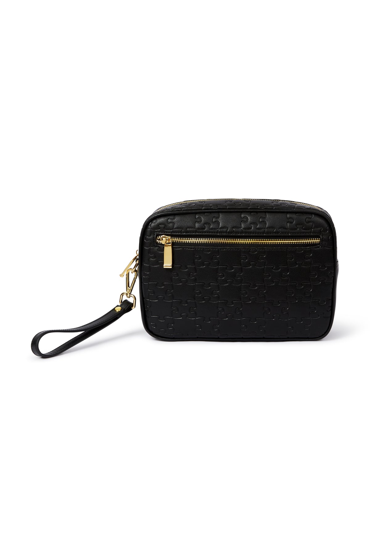 The Nkari Titilope Washbag — Black jigsaw embossed leather — front zip pocket