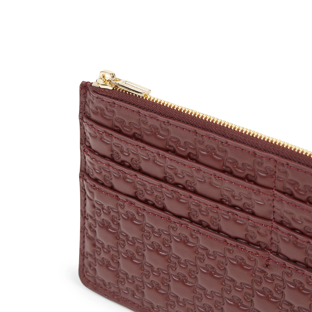 The Olabisi Card Holder · Nkari Lychee Brown · gold zip hardware detail